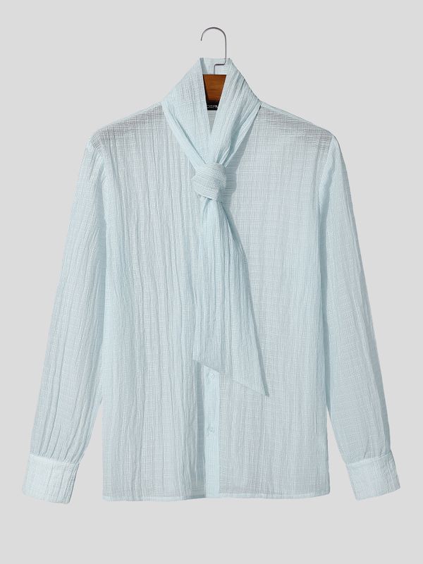 Men's Retro Party Integrated Ascot Scarf Crinkle Long Sleeve Shirt SKUL81103