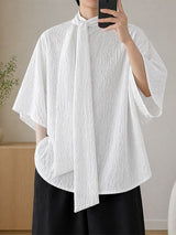 Men's Vintage Modern Chinese Scarf Tie Mandarin Collar Crinkled Oversized Short Sleeve Shirt SKUL71250