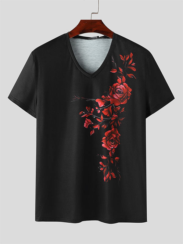 Mens Floral Print V-Neck Fitted T-Shirt SKUK67502