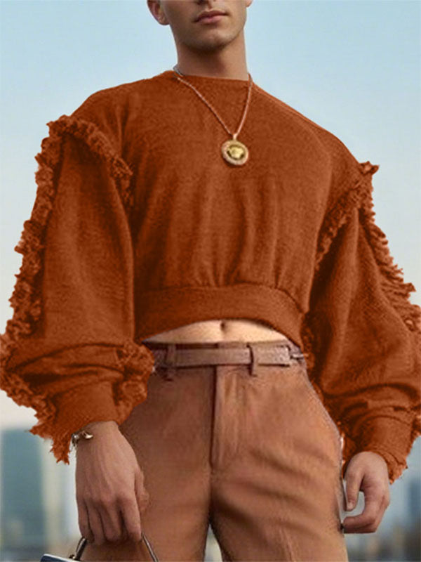 Men's Tassel Patchwork Cropped Long Sleeve Sweatshirt SKUL27424