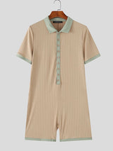 Men's Retro Contrast Trim Ribbed Knit Polo Collar Bodysuit SKUL75501