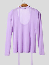 Men's Ribbon Patchwork Padded Shoulder Long Sleeve T-shirt SKUL42447