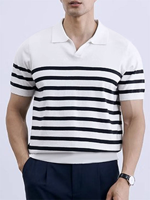 Mens Stripe Print  V-Neck Short-Sleeve Shirt SKUK69983