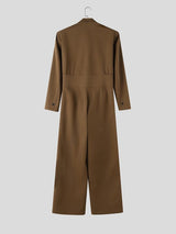 Men's Cocktail Party Wide Corset Waist Pleated Wide Leg Long Sleeve Lapel Collar Floor Length Jumpsuit SKUL81837