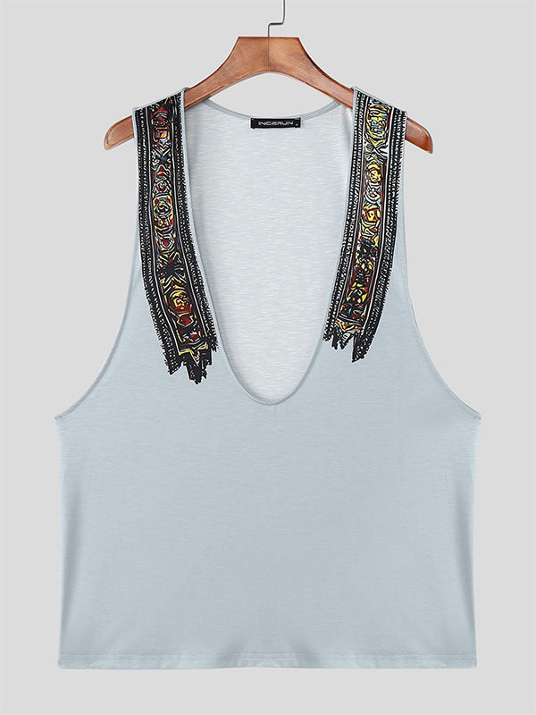 Men's Minimalist Ethnic Print Low Neck Tank SKUL14082