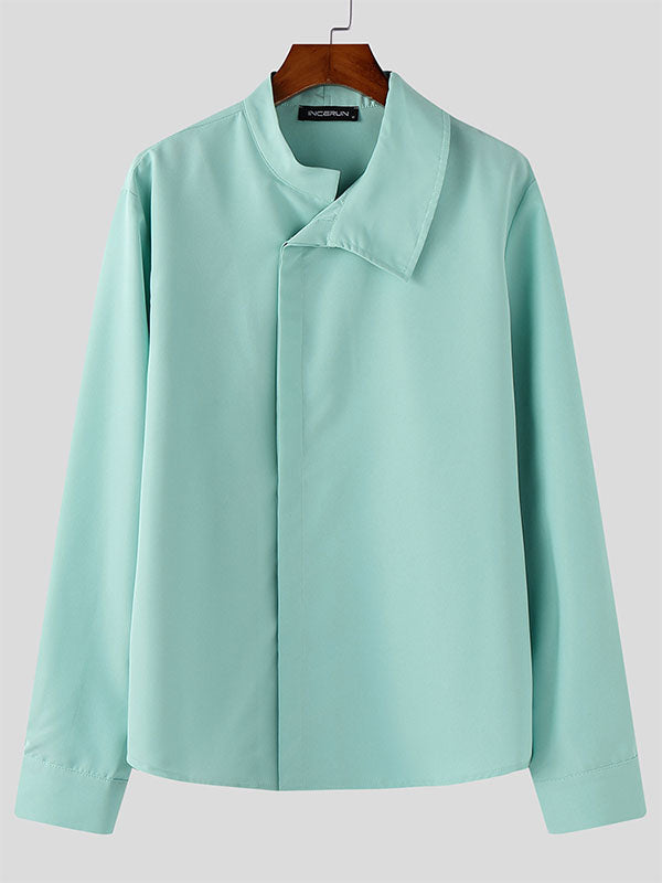 Mens Solid Color Asymmetrical Long Sleeve Shirt SKUL04067