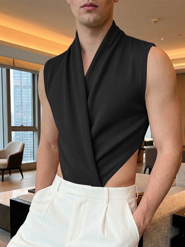 Men's Avant-Garde Draped Wrap-Front High-Cut Bodysuit SKUL62168
