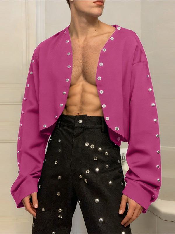 Men's Metal Stud Curved Hem Cropped Long Sleeve Cardigan SKUL41021