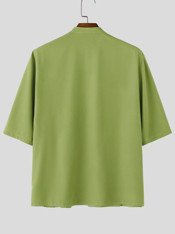 Men's Architectural Pleated Panel Stand-Collar Boxy Shirt SKUL61856