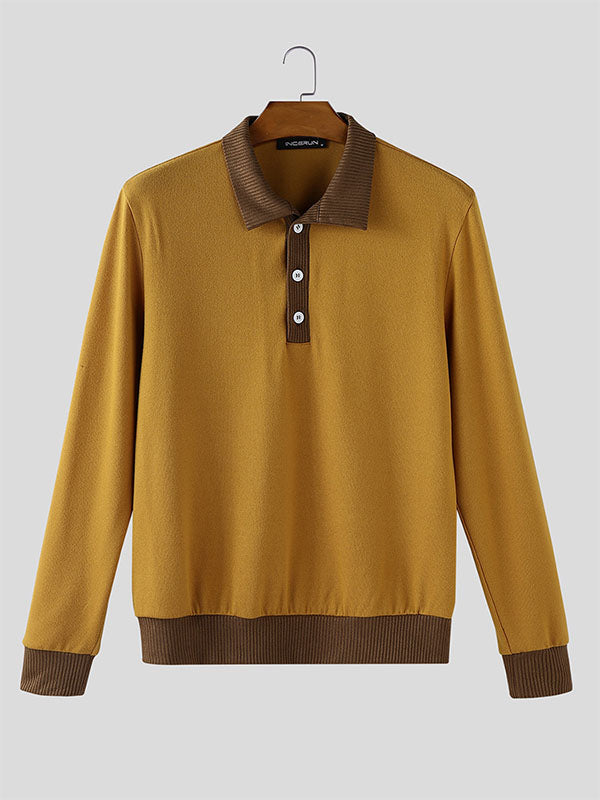 Men's Colorblock Knit Lapel Long Sleeve Shirt SKUL28117