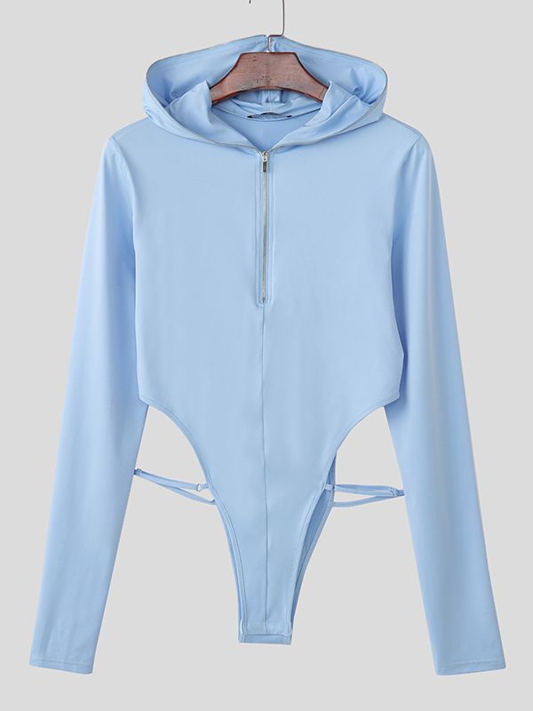 Men's Solid Color Knit Hooded Zip-Up Bodysuit SKUL38915