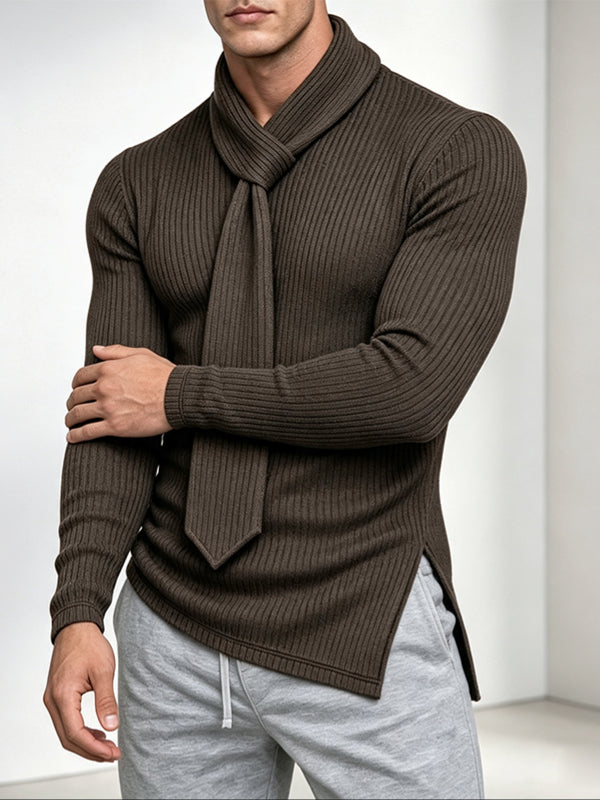 Men's Early Autumn High Street Ribbed Knit Built-in Scarf Long Sleeve Tie Neck Pullover SKUL79682