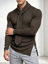 Men's Early Autumn High Street Ribbed Knit Built-in Scarf Long Sleeve Tie Neck Pullover SKUL79682