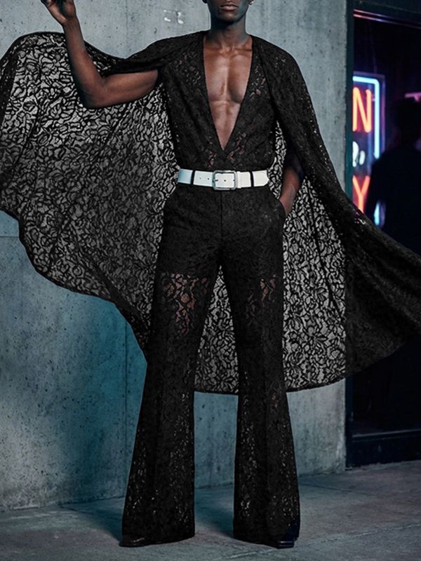 Men's Cape Patchwork Design Sheer Lace Jumpsuit SKUL53952