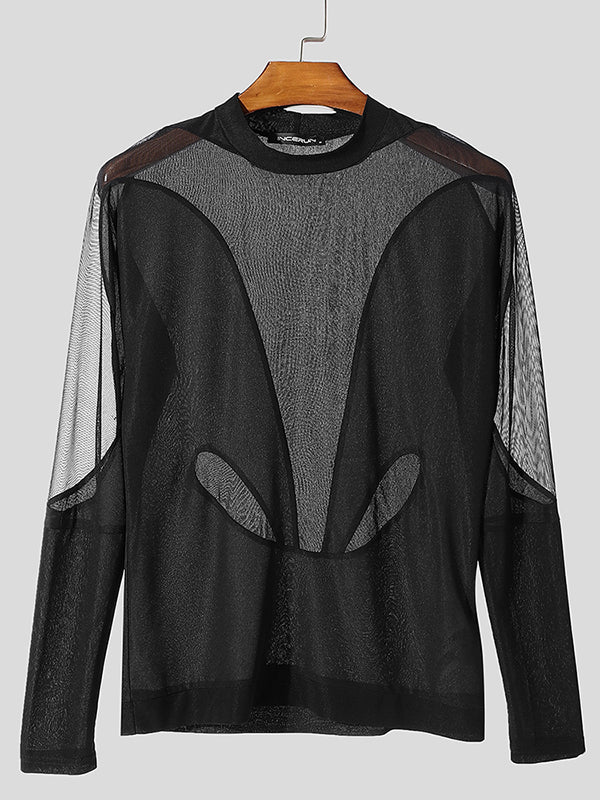 Mens Sheer Patchwork Slim Fit Long Sleeve T-Shirt SKUK83497