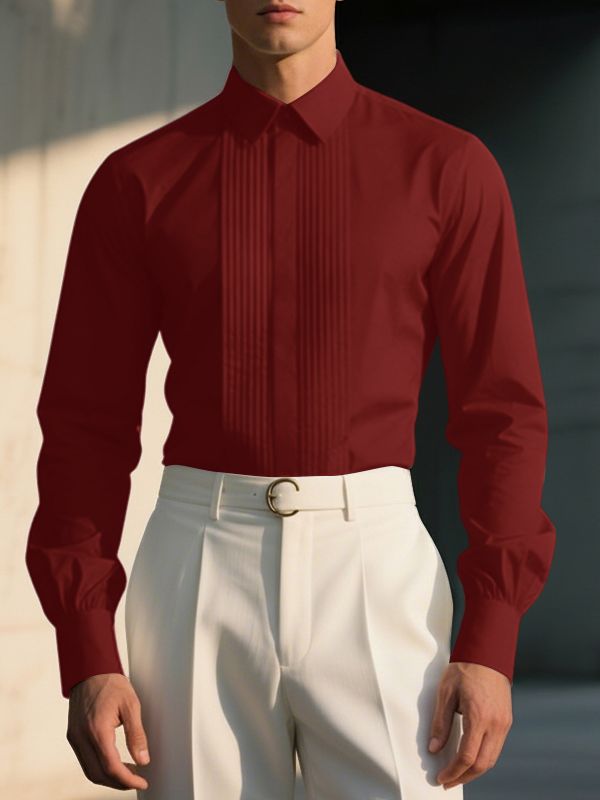 Men's Solid Color Pleated Long Sleeve Shirt SKUL42703