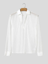 Men's Sheer Mesh Striped V Neck Long Sleeve Shirt SKUL53963