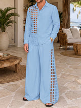 Men's Avant-Garde Vacation Resort Grid Cutout Asymmetric Sheer Two Pieces Outfit SKUL84805