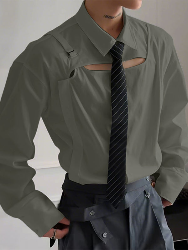 Men's Solid Hollow Fake Two Piece Long Sleeve Shirt SKUL24190