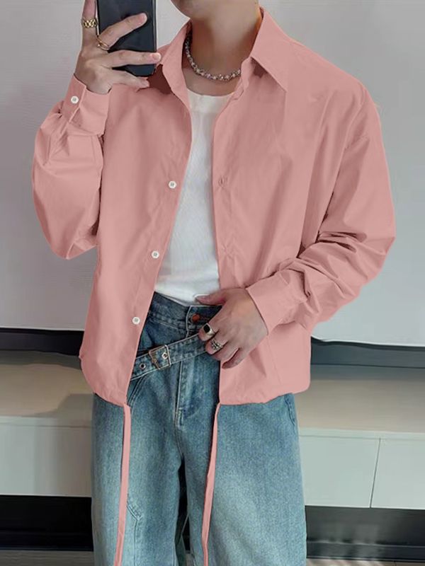 Men's Solid Color Drawstring Long Sleeve Shirt SKUL39794