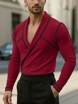 Men's Knit Color Block Trim Lapel Long Sleeve T-Shirt SKUL45325