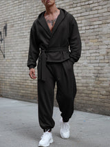 Men's Solid Color Tie Hooded Two Pieces Outfit SKUL45401