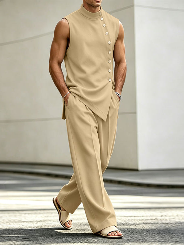 Men's Avant-Garde Casual Asymmetrical Diagonal Button Two Pieces Outfit SKUL74879