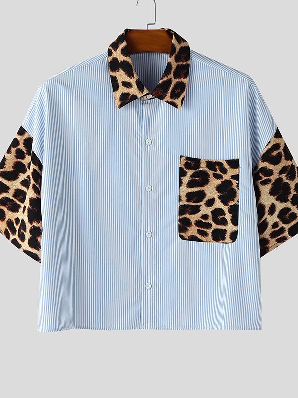 Men's Leopard Patchwork Stripe Short Sleeve Shirt SKUL47624