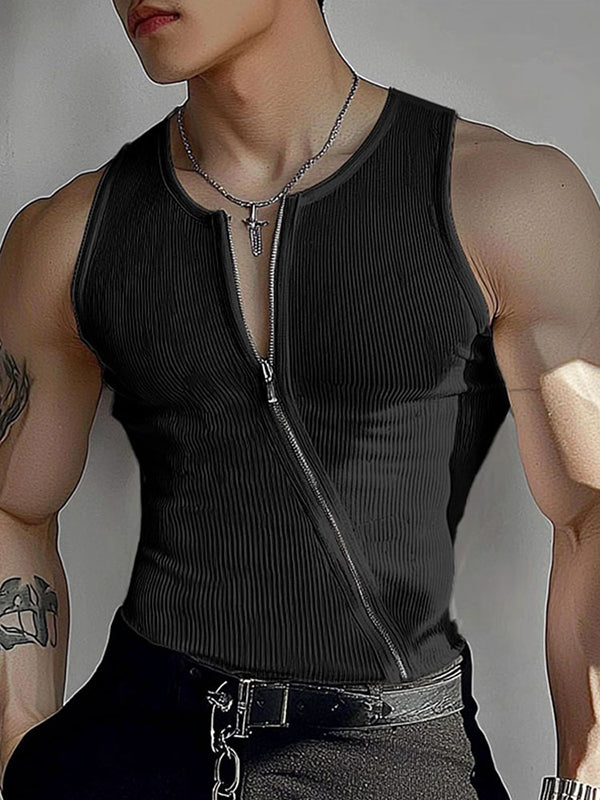 Mens Solid Color Asymmetrical Zip-Up Tank SKUL01332