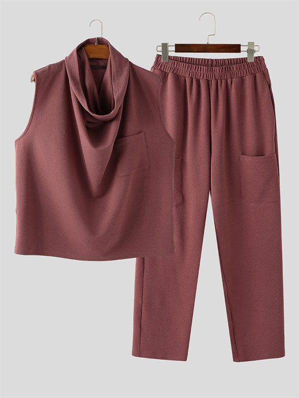 Mens Solid Color Knit Cowl Neck Two Pieces Outfit SKUL14201