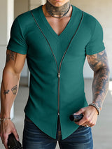 Mens Textured Zip V-Neck Short Sleeve T-Shirt SKUL04094