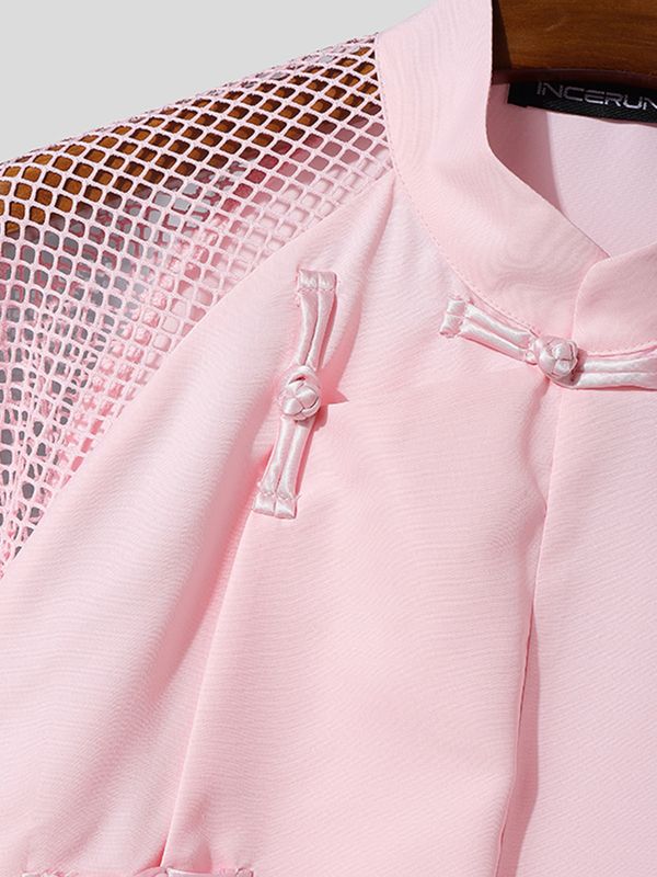 Men's Sheer Mesh Patchwork Frog Button Long Sleeve Shirt SKUL54548