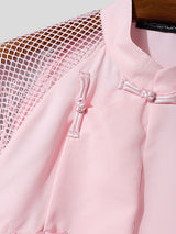 Men's Sheer Mesh Patchwork Frog Button Long Sleeve Shirt SKUL54548