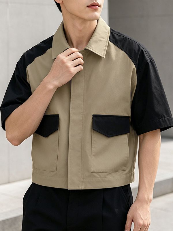 Men's Japanese City Boy Style Color-Block Short Sleeve Shirt SKUL76782