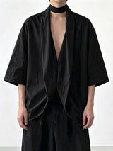Men's Vintage Japanese Kimono Collar Asymmetric Twist Short Sleeve Shirt SKUL71353