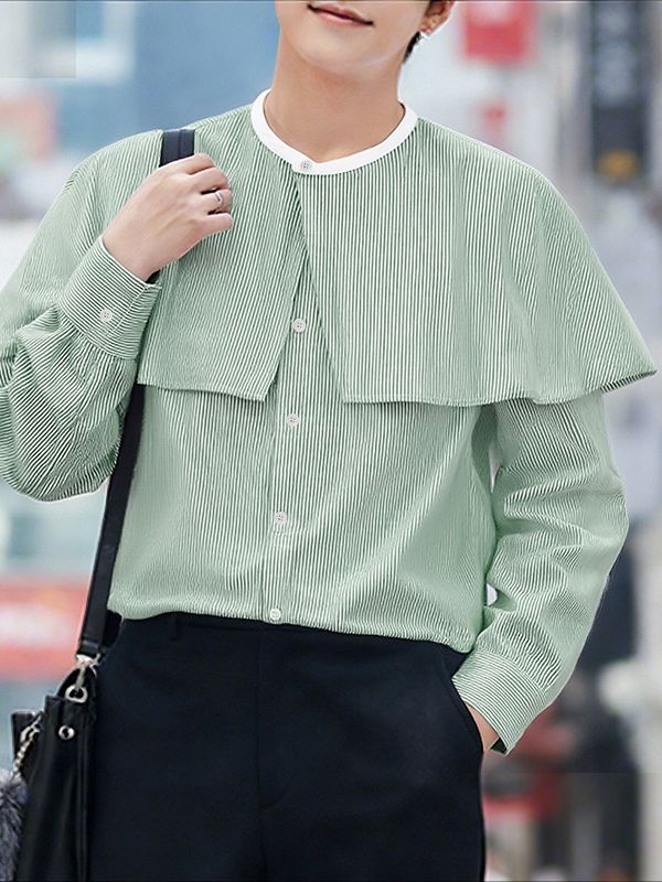 Men's Stripe Fake Two Piece Design Long Sleeve Shirt SKUL47788