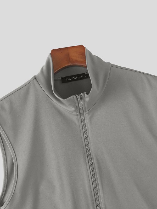 Men's Cyberpunk Techwear Mock Neck Full Zip Up Slim Fit Cropped Tank SKUL66209