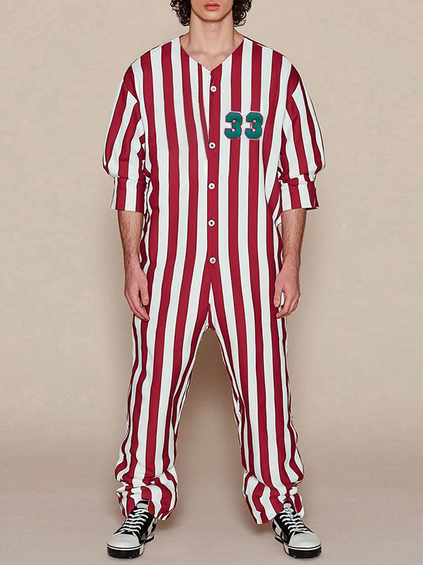 Mens Numeric Print Striped Long-Sleeve Jumpsuit SKUK90542