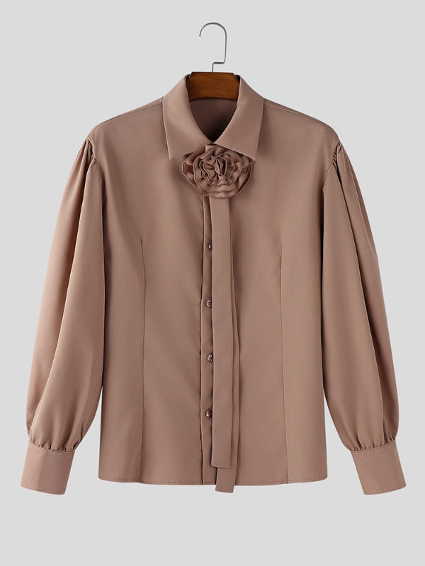 Men's Solid Color Floral Bow Long Sleeve Shirt SKUL30473