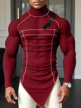 Men's Leather Buckle Patchwork Irregular Hem Long Sleeve T-Shirt SKUL30456