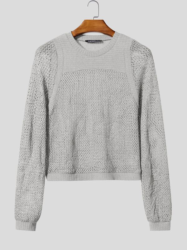 Men's Y2K High-Street Sheer Mesh Cropped Pointelle Knit T-shirt SKUL79540