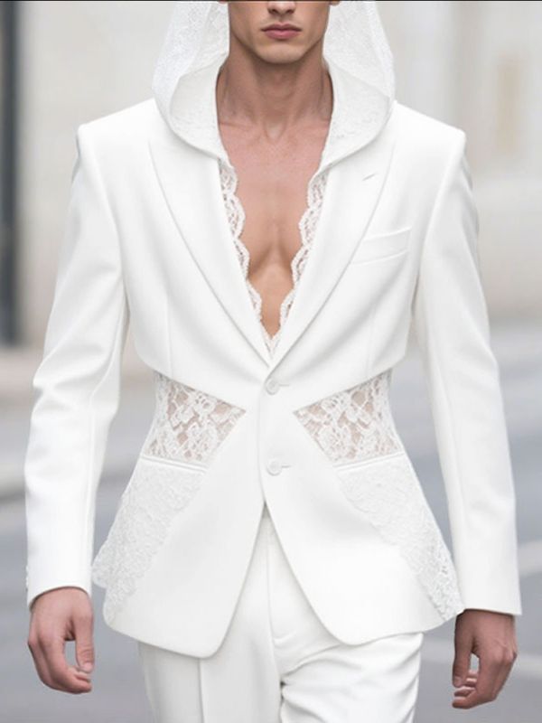 Men's Sheer Lace Patchwork Hooded Long Sleeve Blazer SKUL34017