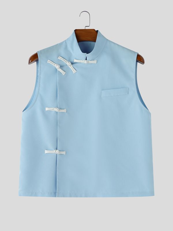 Men's Asymmetric Frog Button Stand Collar Tank SKUL59983