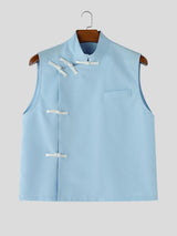 Men's Asymmetric Frog Button Stand Collar Tank SKUL59983