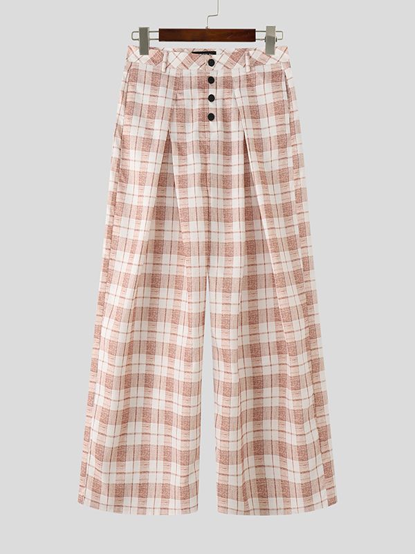 Men's Plaid Button Front Wide Leg Pant SKUL50711
