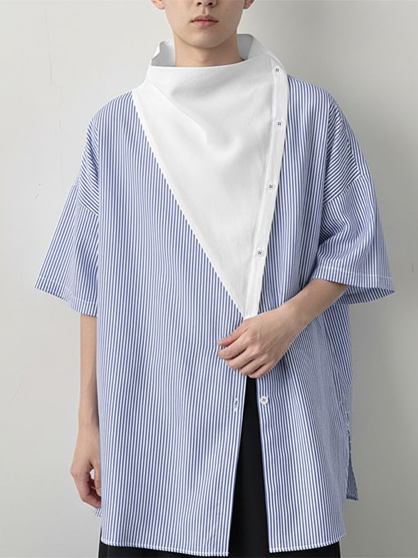 Men's Contrast Patchwork Striped Half Sleeve Shirt SKUL50091