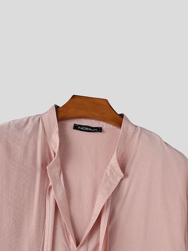 Men's French Romanticism Integrated Hanging Ribbon Drapes Deep V-Neck Shirt SKUL74831