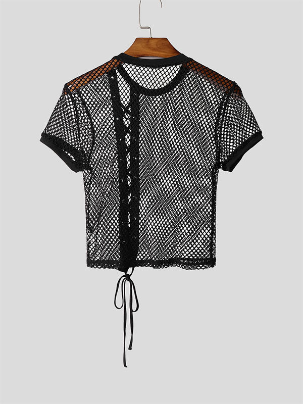Mens Sheer Mesh Drawstring Cropped Short Sleeve T-Shirt SKUL17037