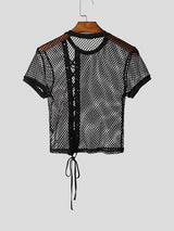 Mens Sheer Mesh Drawstring Cropped Short Sleeve T-Shirt SKUL17037