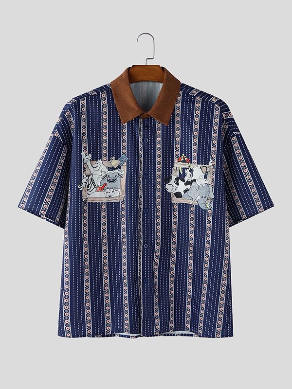 Men's Cartoon Animal Stripe Print Short Sleeve Shirt SKUL50070